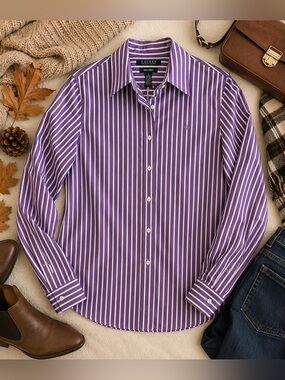 Lauren Ralph Lauren Purple White Striped Non-Iron Button Down Shirt S